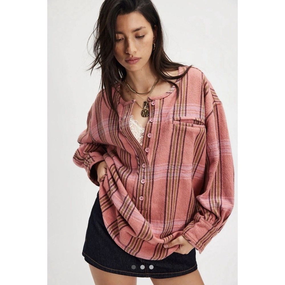 Free‎ People Perfect In Plaid Pullover  Heavy Cotton Pink Oversized XS NWT